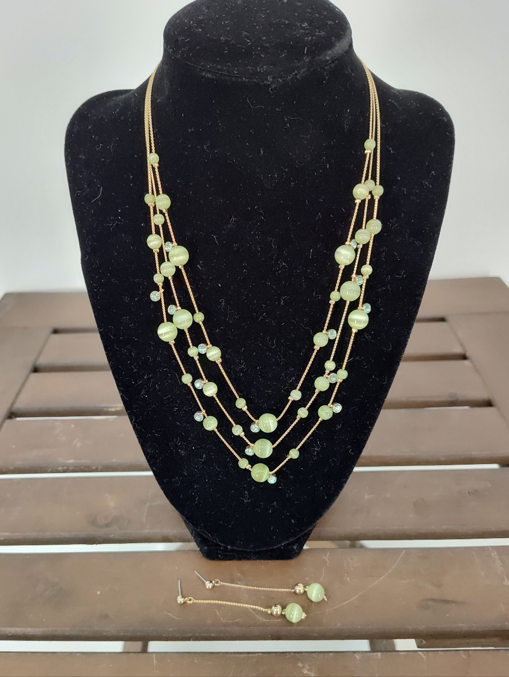 Multi-Strand Green Bead Gold-Tone Necklace and Earrings Set